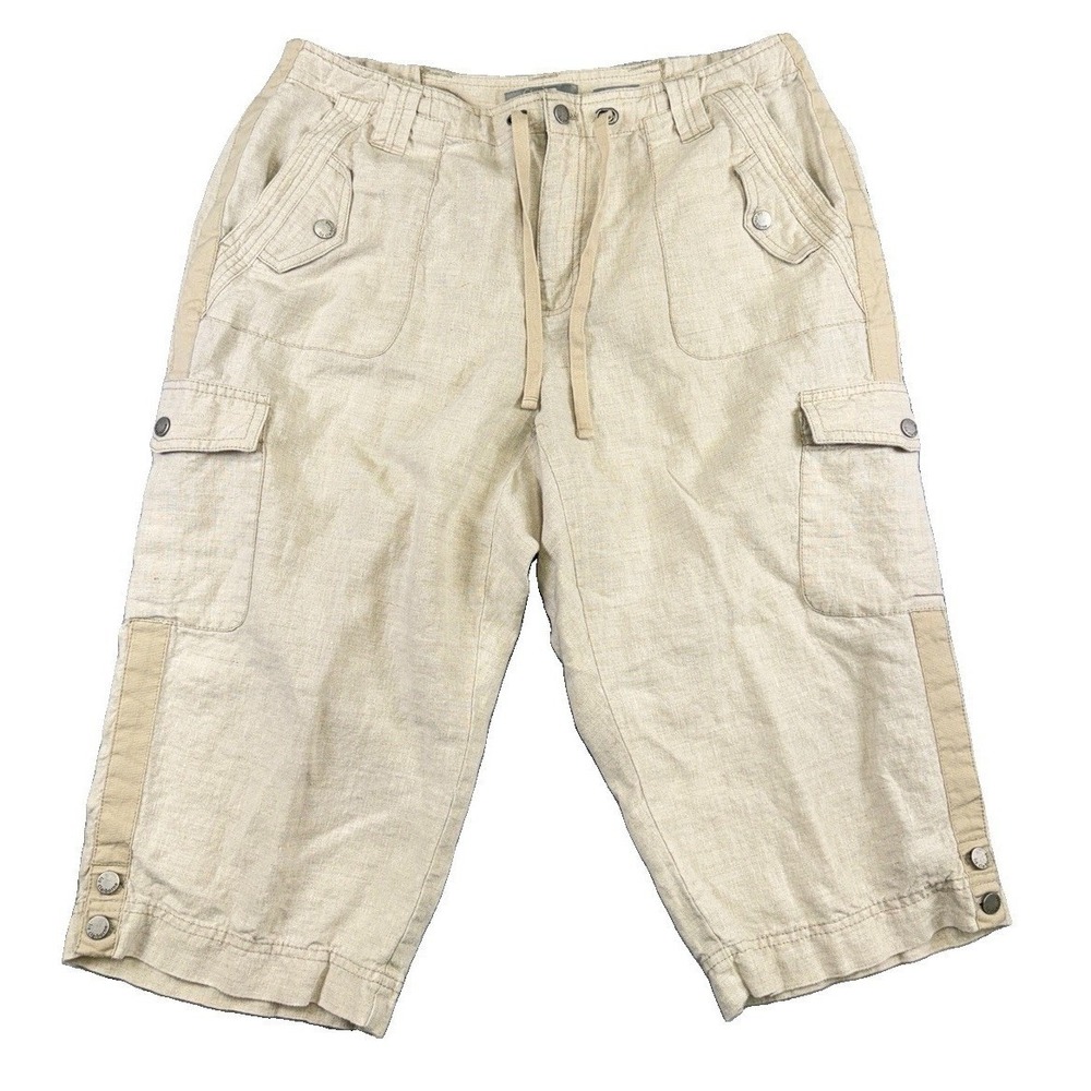 Liz Claiborne 100% Linen Cargo Cropped Beige Pants Drawstring Pockets Sz 16W